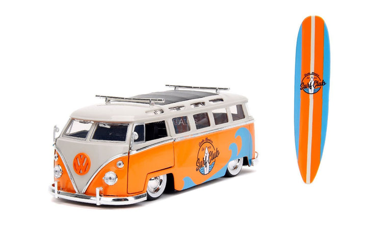 Jada Volkswagen Bus with surfboard Orange Punch Buggy