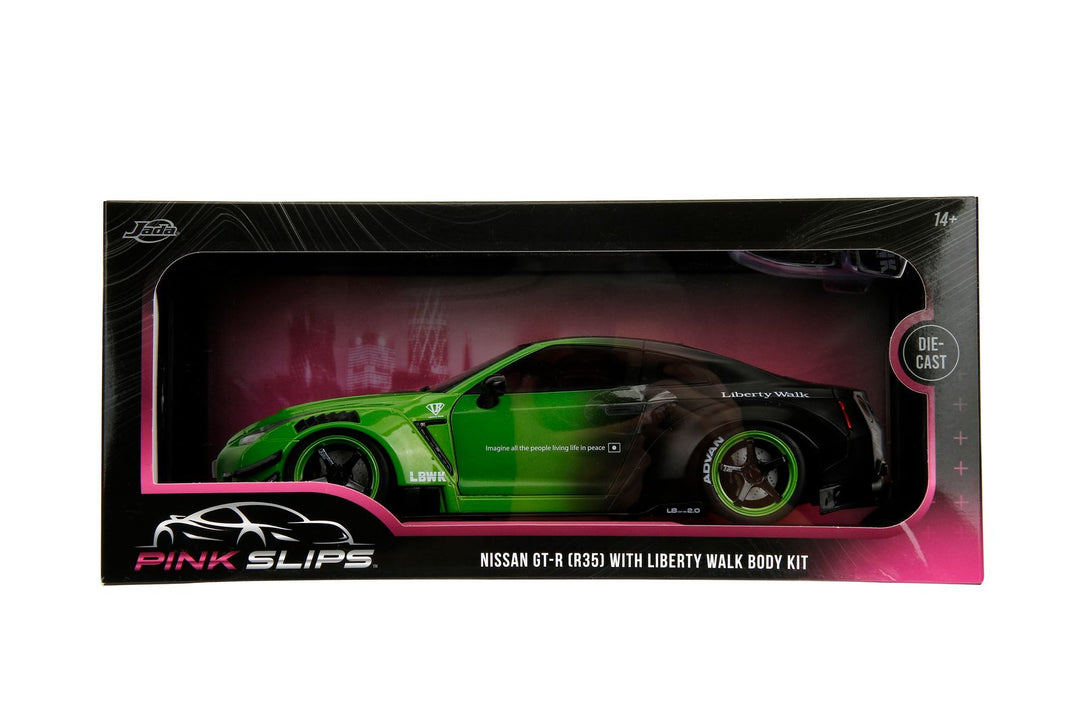 Jada Nissan GT-R R35 Liberty Walk Body Kit Metallic Green / Matte Black Pink Slips